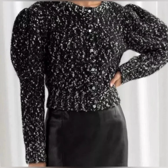 & Other Stories Paris Atelier Puff Sleeve Boucle Cropped Cardigan Sweater Size S - Picture 4 of 14